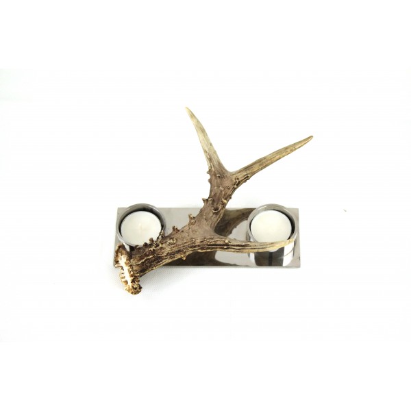 Ljushållare i rostfritt stål med råbockshorn Ljushållare i rostfritt stål med råbockshorn