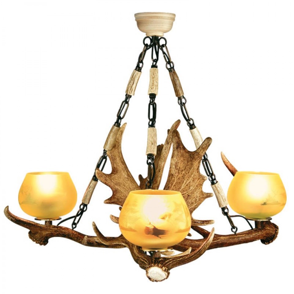 Dovhjorthorn takkrona 3-ljus med glas lampskärmar 55 cm