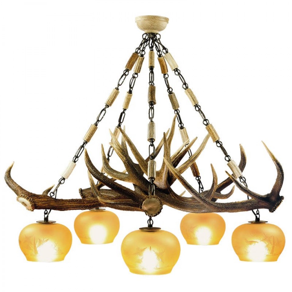 Deer Antler 5 Lamp Chandelier With Glass Shades 90cm