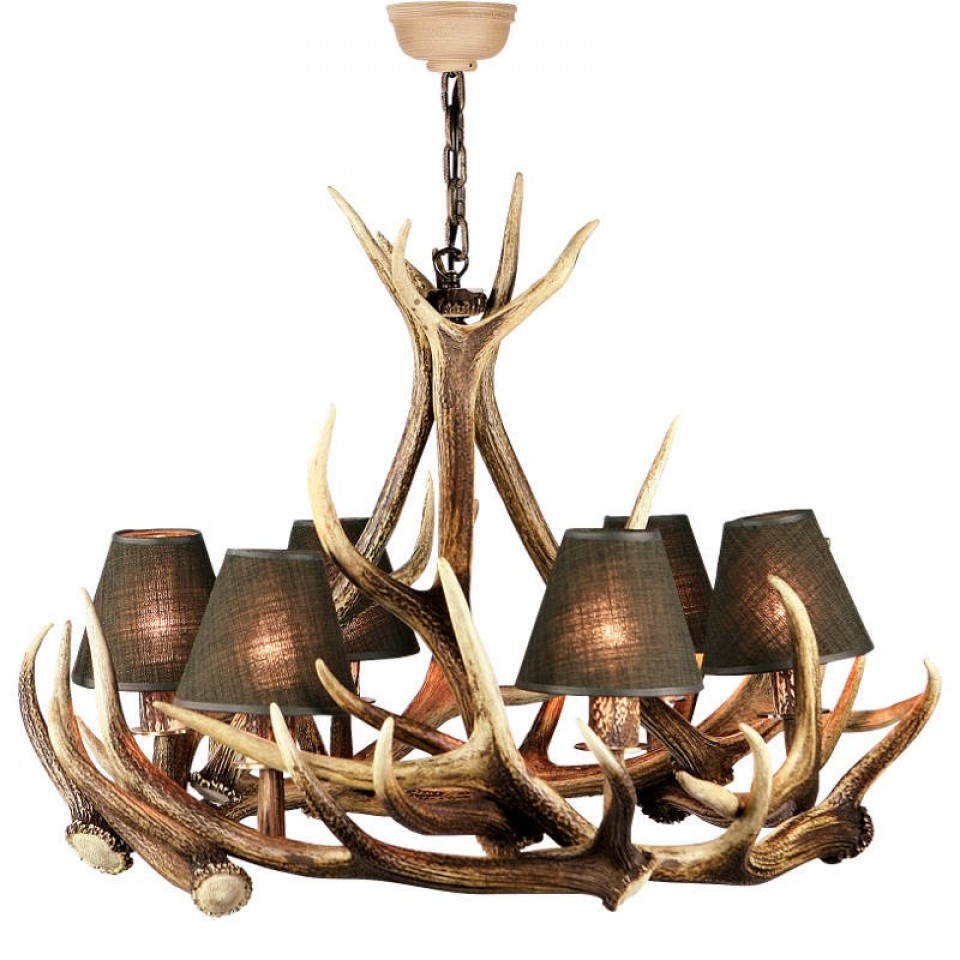 Deer Antler 6 Lamp Chandelier With Textile Lampshades 80cm