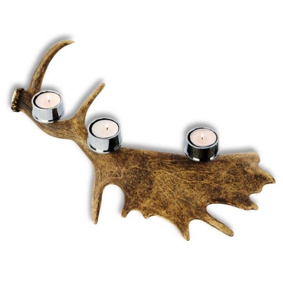 Dovhjorthorn med 3 värmeljushållare i rostfri metall