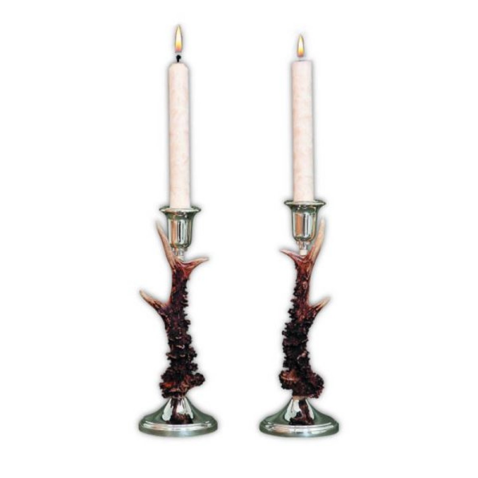 Råbockhorn med rostfri ljushållare i metallbas 2-pack. 