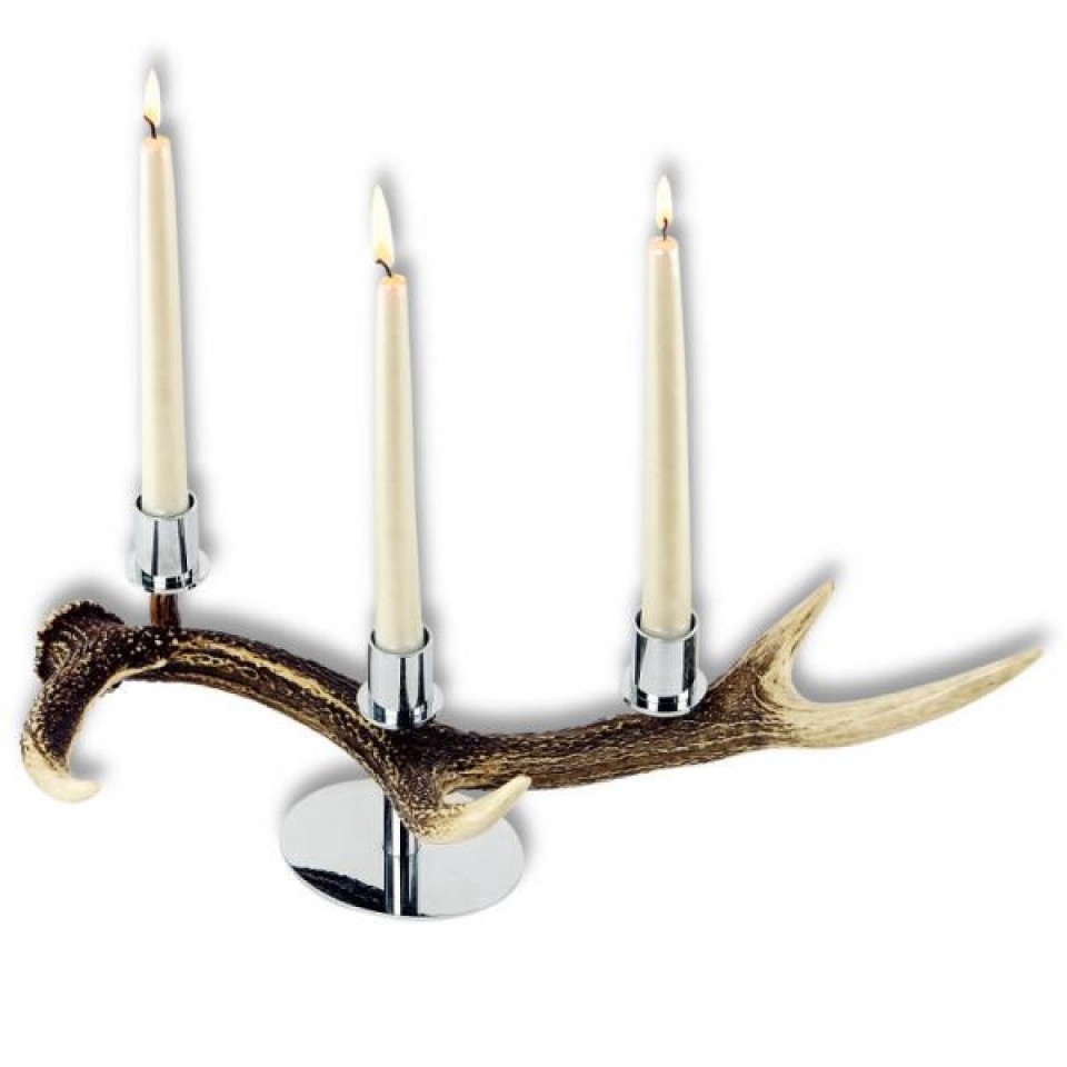 Sikahjorthorn med 3 ljushållare i rostfri metall