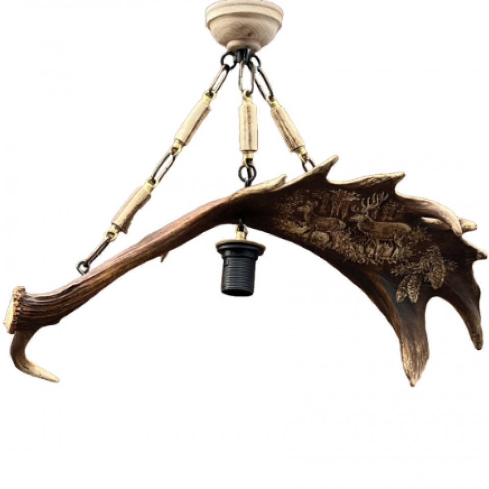 Fallow Deer Antler Single-Light Engraved Chandelier 60cm