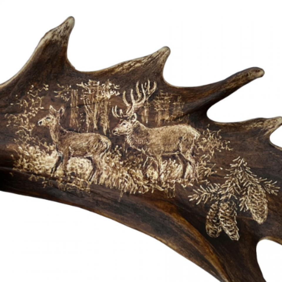 Fallow Deer Antler Single-Light Engraved Chandelier 60cm