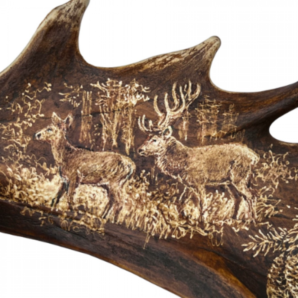 Fallow Deer Antler Single-Light Engraved Chandelier 60cm