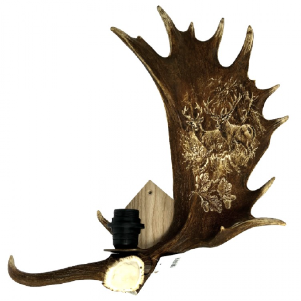 Mindre dovhjorthorn vägglampa med hjortgravyr naturlig 35cm Mindre dovhjorthorn vägglampa med hjortgravyr naturlig 35cm