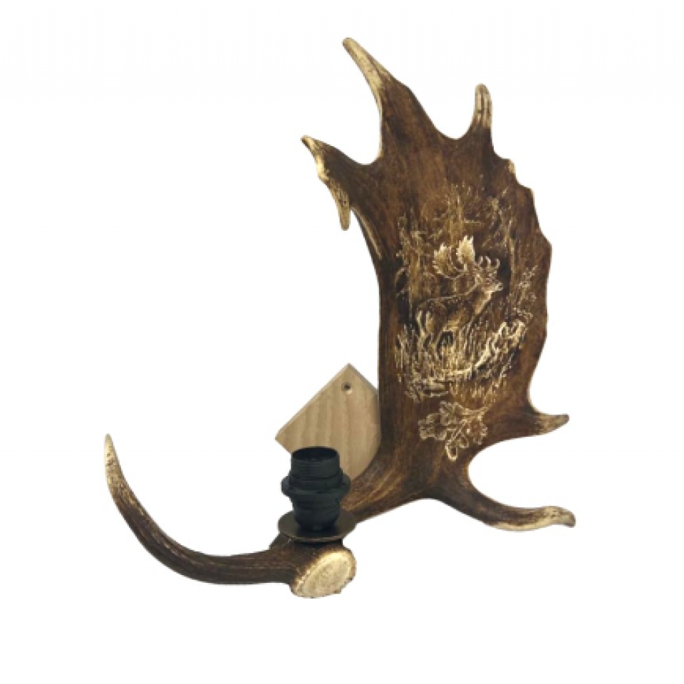 Mindre dovhjorthorn vägglampa med hjortgravyr naturlig 35cm Mindre dovhjorthorn vägglampa med hjortgravyr naturlig 35cm