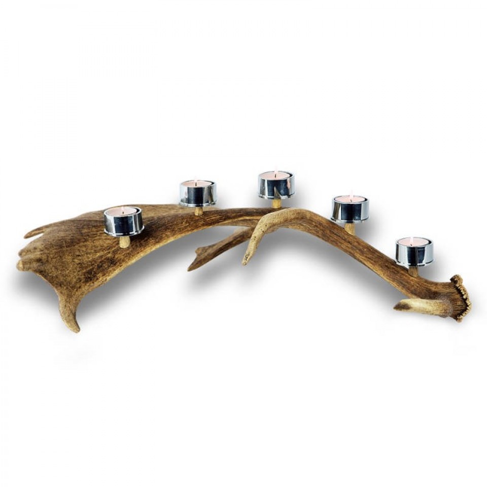 Dovhjortshorn med 5 värmeljushållare i rostfri metall