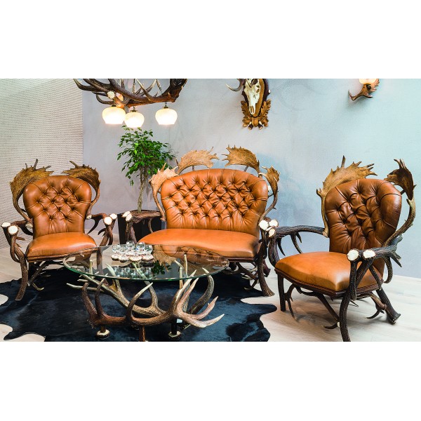 Hjorthorn glasbord med rostfria ben Hjorthorn glasbord med rostfria ben