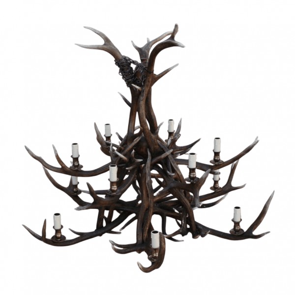 Red deer antler 2-tier 12-light chandelier 130 cm