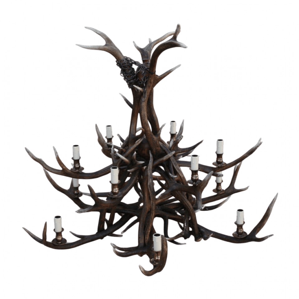 Red deer antler 2-tier 12-light chandelier 130 cm