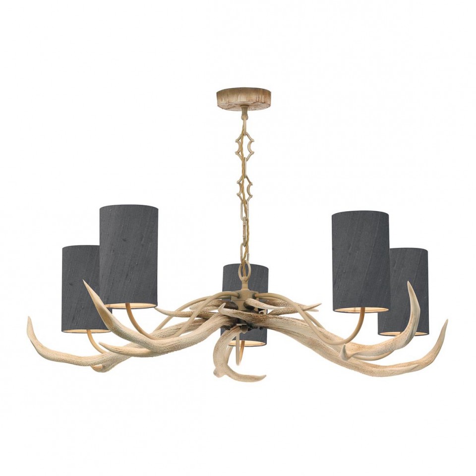 Antler 5 Light Bleached beige chandelier 100cm complete with Silk Shades (Specify Colour)