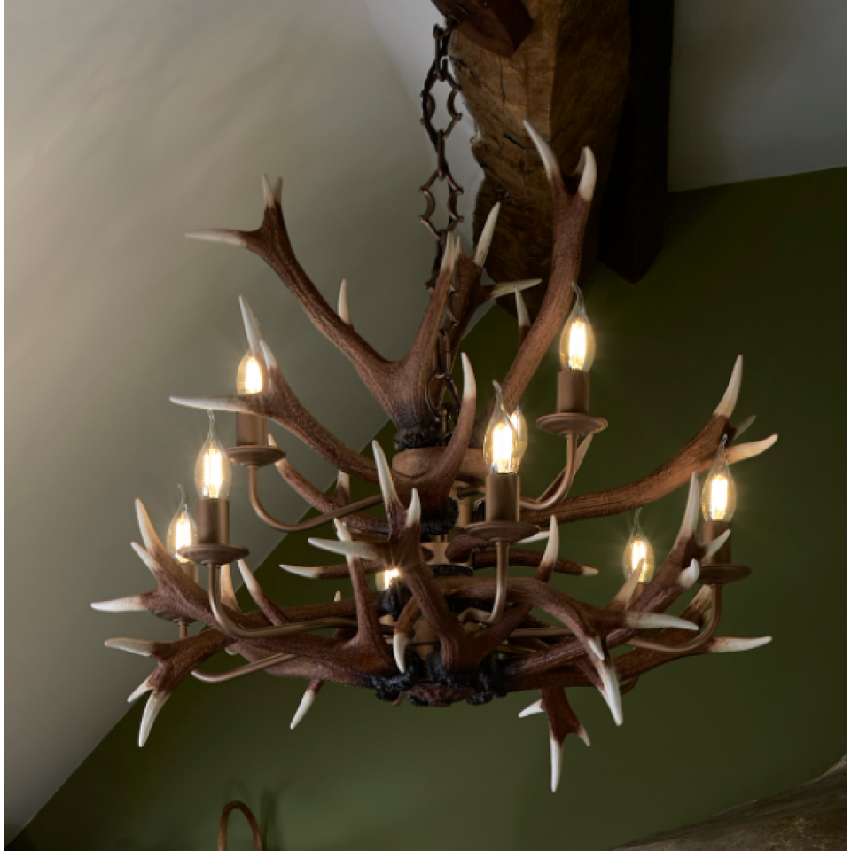 Horn takkrona 9 ljus rustik brun 75 cm