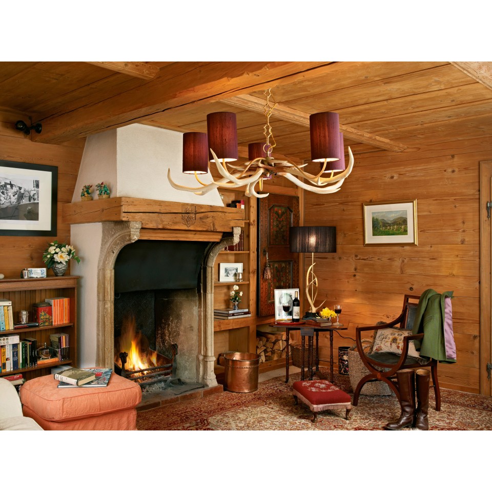 Antler 5 Light Bleached beige chandelier 100cm complete with Silk Shades (Specify Colour)