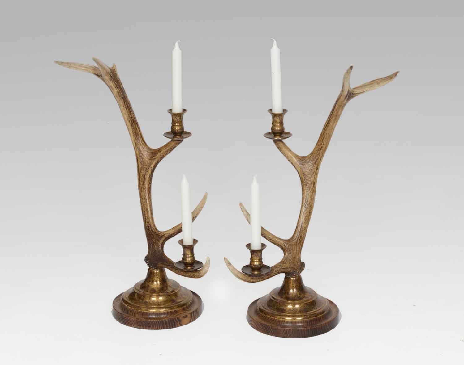 Deer antler with 2 antique brass candle holders 65 cm